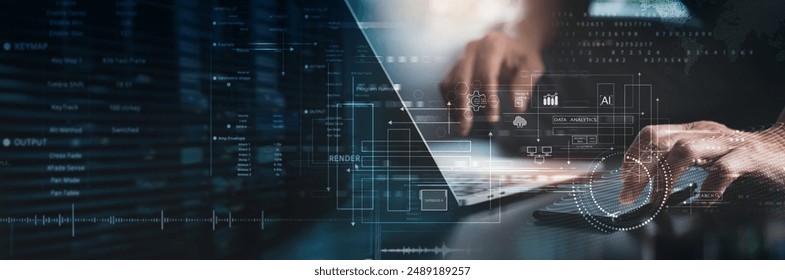 Data anlytics, AI and database management technology. IT specilist working on digital tablet connecting with cloud server and data center, technology background. data science and engineering