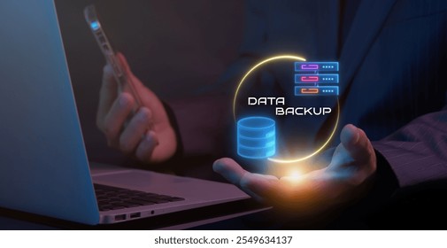 Data Backup icon, Document Management concept for system or process used to capture, track and store electronic documents. Businessman shows database and server icon on virtual screen.
