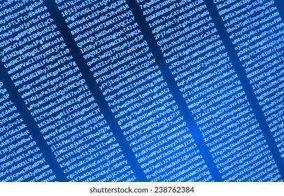 Data bits computer bits, shadow and dark vignette effect. Gibberish, dummy, lorem ipsum text. Letters, chars, and digits. Blue background of screen monitor.