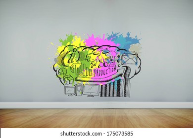 Data brainstorm on paint splashes against room with wooden floor