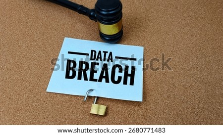 Data breach concept with cybersecurity risk, legal implications, digital justice, and personal information protection in modern cyber law system. 