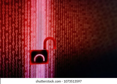 data breach concept. internet compute privacy compromised. unsecured network and data transfer. hacker hacked in to the system. cyber crime. Red binary code background with open black padlock icon.