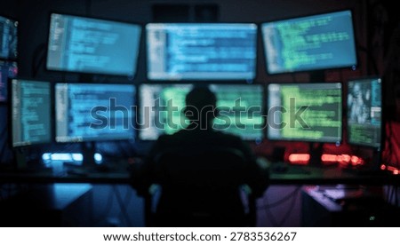 Data Breach and Cyber Attack Concept with Person Using Multiple Monitors
