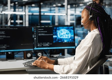 Data center admin speaking in headset mic, using AI assistant to provide user technical support. Server hub IT professional assisting clients during remote call using artificial intelligence