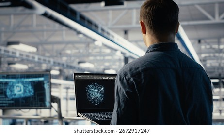 Data center admin using AI LLM chatbot suggestions to improve rigs processing speed and efficiency. Server hub worker using large language model to support artificial intelligence workloads, camera B