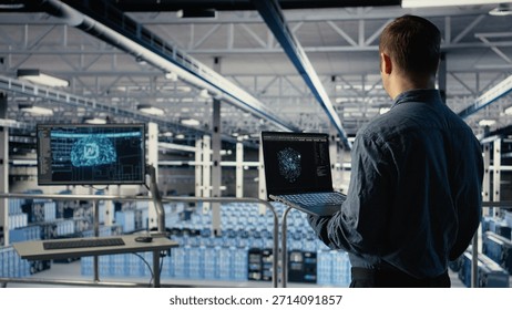 Data center admin using AI LLM chatbot suggestions to improve rigs processing speed and efficiency. Server hub worker using large language model to support artificial intelligence workloads, camera A