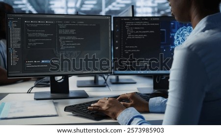 Data center admin using PC to find misconfigurations affecting rackmounts performance. Person checking servers bottlenecks leading to sluggish data transfer rates and malfunctions, camera B close up