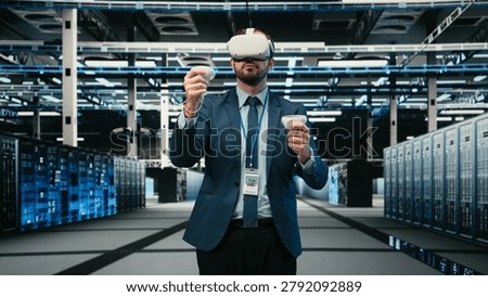 Data center admin using virtual reality simulation technology to monitor systems, server room system administrator using VR goggles equipment to do optimizations, VFX overlay, camera A.