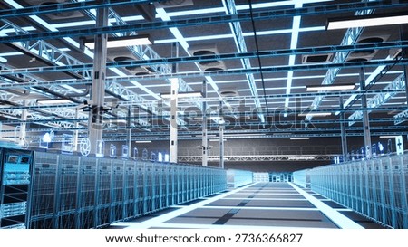 Data center AI supercomputers used for quantum computing and advanced calculations. High tech server farm gear doing machine learning scientific simulations, blue VFX overlay