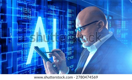 Data center, Artificial intelligence development. Engineer uses tablet to monitor servers and digital networks with AI systems and data processing infrastructure.