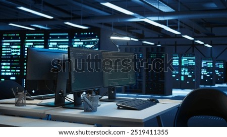 Data center business with networking systems installed used for managing mainframes. Code running on computers in futuristic server room used for overseeing equipment, dolly in shot