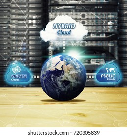 Data center communication network cloud service concept : Hybrid Cloud process to the digital earth in server room