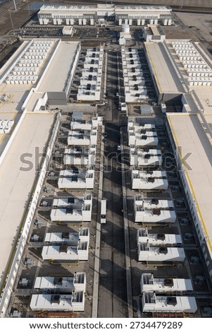 Data center complex showing rows of server modules and buildings providing cloud computing infrastructure in Ohio, USA.