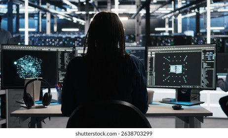 Data center computer scientist using node tree software to analyze datasets. Server farm IT worker using visual programming to improve infrastructure performance, camera A