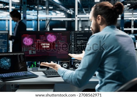 Data center computer scientist using AI LLM assistant to fix critical errors affecting hardware. Server farm IT employee using large language model chatbot to eliminate glitches