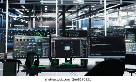 Data center computer systems controlling network resources through AI visualization dashboards and node tree programming software that maps infrastructure connections, panning shot