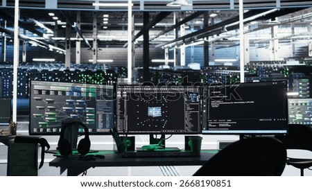 Data center computer systems controlling network resources through AI visualization dashboards and node tree programming software that maps infrastructure connections, panning shot