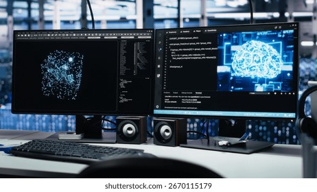 Data center computer systems on desk controlling network resources through AI visualization dashboards, and artificial intelligence programming software mapping infrastructure connections