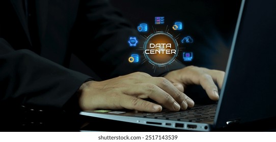 Data center concept for database, network, data security, server, backup, cloud and technology. Businessman showing data center banner icons on virtual screen.