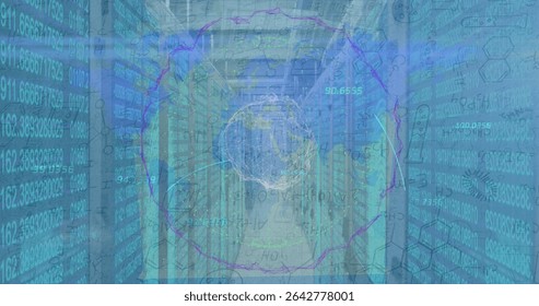Data center corridor showing server racks streaming data and glowing AI symbol with waveform rings. Technology, cybersecurity, digital, innovation, network, automation, futuristic
