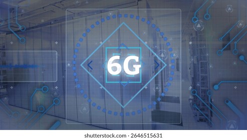 In data center, digital interface showing 6G technology concept with image. innovation, connectivity, communications, future, speed, infrastructure
