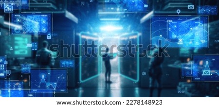 Data center and digital technology concept. Communication network. Science technology. Wide angle visual for banners or advertisements.