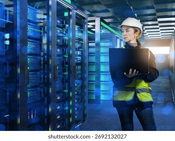 Data center engineer inspects server racks with laptop, ensuring network security, maintenance, and reliable IT infrastructure management.
