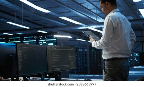 Data center engineer responsible for installation and repair of networking equipment solving tasks on device. IT professional doing maintenance on server room infrastructure using tablet, camera B