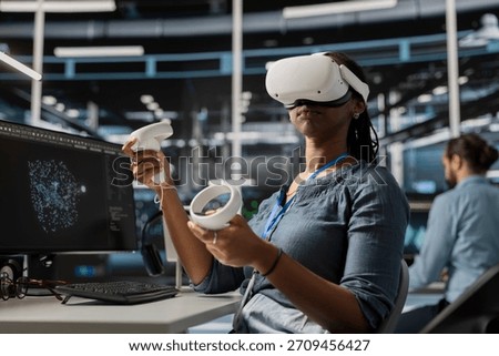 Data center engineer running diagnostic scripts using VR headset, examining equipment. Server room worker using virtual reality to evaluate rackmounts performance metrics, maintaining system stability