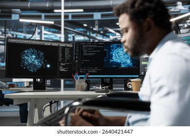 Data center engineer using artificial intelligence visualization tools to identify equipment malfunctions. Server room expert looking at AI generated insights to detect and prevent hardware failures
