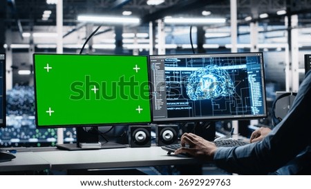 Data center engineer using machine learning algorithms on green screen PC to analyze datasets. Server farm worker using AI neural networks on mockup computer to recognize data patterns, camera A