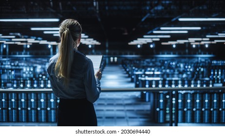 Data Center Female Programmer And Maintenance IT Specialist Overlooking Cloud Computing Server Farm. System Administrator Working On Cyber Security For Iaas, Saas, Paas. Back View Shot