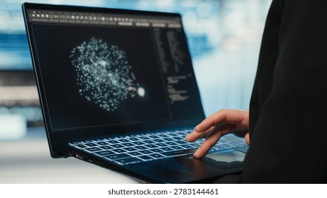 Data center female programmer using AI LLM model on laptop to optimize equipment rigs. Woman in server hub using large language model neural network technology to adjust system parameters