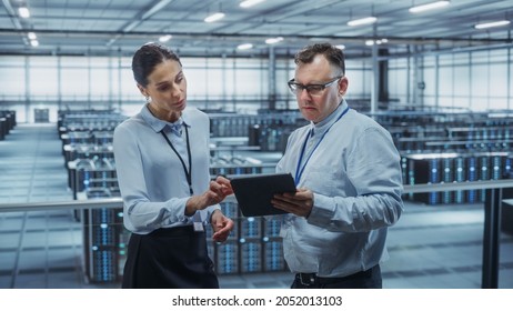 Data Center Female System Administrator and Male IT Specialist Talk, Use Tablet Computer. Information Technology Engineers work on Cyber Security Network Protection in Cloud Computing Server Farm.