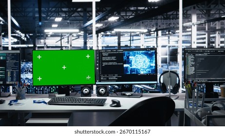 Data center green screen computers showing neural network visualization and code debugging software running. Chroma key PCs in server room powering machine learning and automated research tasks