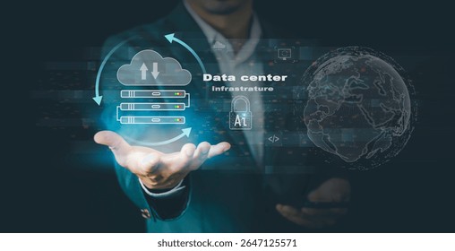 Data center infrastructure Concept. Cloud Computing Technology, Internet Storage Network, analytics, AI, and database management technology digital connection with cloud server Cyber Security