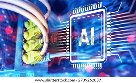Data center, IT infrastructure. Network engineer connects Ethernet cables to server switch while artificial intelligence chip interface symbolizes cloud computing, big data processing and digital technology.
