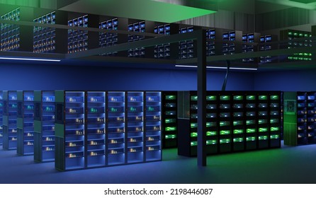 Data center. Interior hosting provider. Server room without people. Racks with northern equipment with neon glow. Data center equipment. Data center service. Telecommunication business. 3d image. - Powered by Shutterstock - Get 15% off with code: PIKWIZARD15