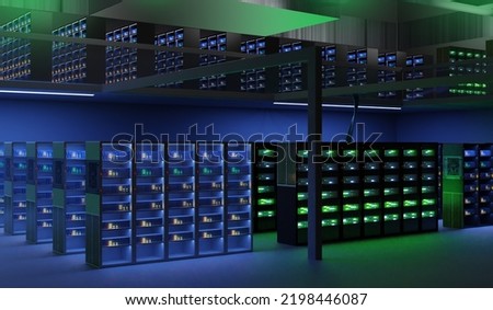 Data center. Interior hosting provider. Server room without people. Racks with northern equipment with neon glow. Data center equipment. Data center service. Telecommunication business. 3d image.