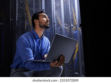 Data center, laptop or developer typing for cybersecurity glitch, machine or to search online on servers system. IT support, server room or engineer fixing network for information technology solution