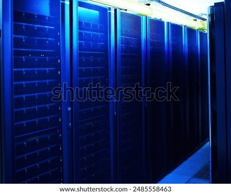 Data center, machine and hardware in server room for information technology, configuration or software update. Empty, hub and equipment for security patch, system recovery or optimize performance