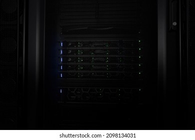 Data Center With Multiple Rows of Fully Operational Server Racks. 
