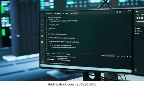 Data center with networking systems installed used for managing hardware rows. Close up on code running on computer screens in advanced server hub used for overseeing equipment