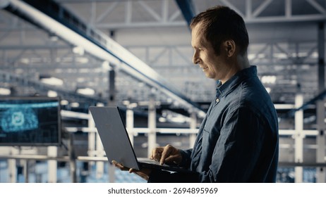 Data center IT professional deploys deep learning software on infrastructure racks. Server farm engineer trains AI systems with datasets using laptop to support applications, camera B