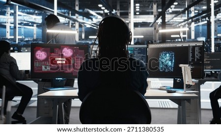 Data center programmer seeing critical error message while using node tree software to analyze datasets. Server room worker receiving glitch popup warning while using visual programming tool, camera A