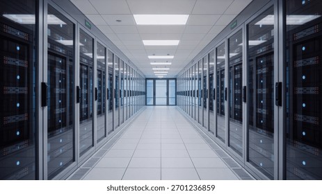 A data center with rows of server racks and network equipment in a long corridor. The lighting is bright and the perspective is centered. Ideal for tech concepts.