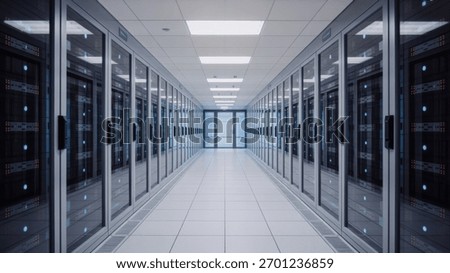 A data center with rows of server racks and network equipment in a long corridor. The lighting is bright and the perspective is centered. Ideal for tech concepts.