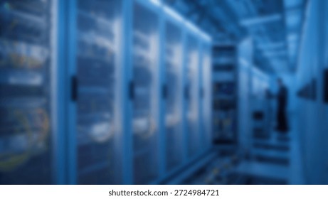 Data Center Rows Tech Man Oversees Server Racks with Blue Lights Glow.