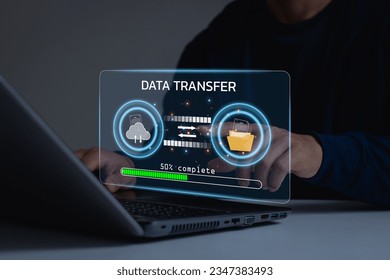 Data center security file document transfer and Database management cloud computing concept. Businessman transfer data online through security systems in a business workspace. Download and upload data