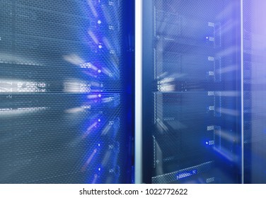 Data center, server room. Web internet and network telecommunication technology, big data storage and cloud computing computer service business concept.